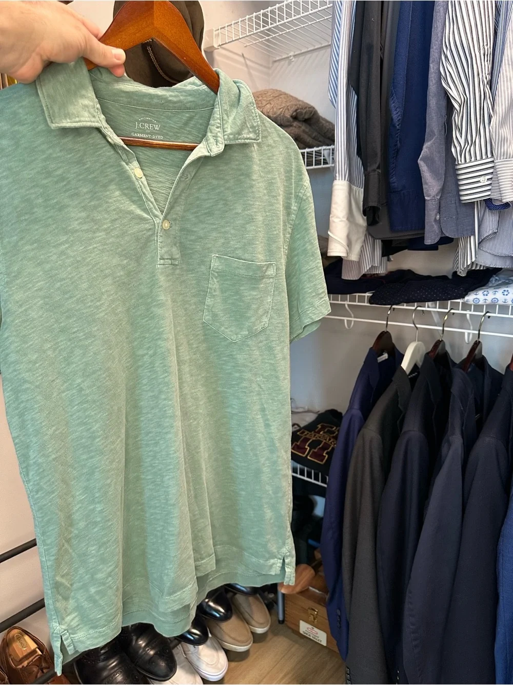 J. Crew Men's Garment-Dyed Mint Green Polo with Chest Pocket